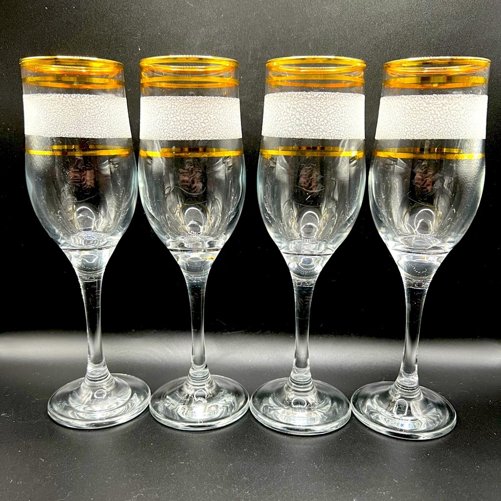 Set of 4 Vintage Midcentury Clear Wine Glasses Gold Rim Textured White Stripe 8"
